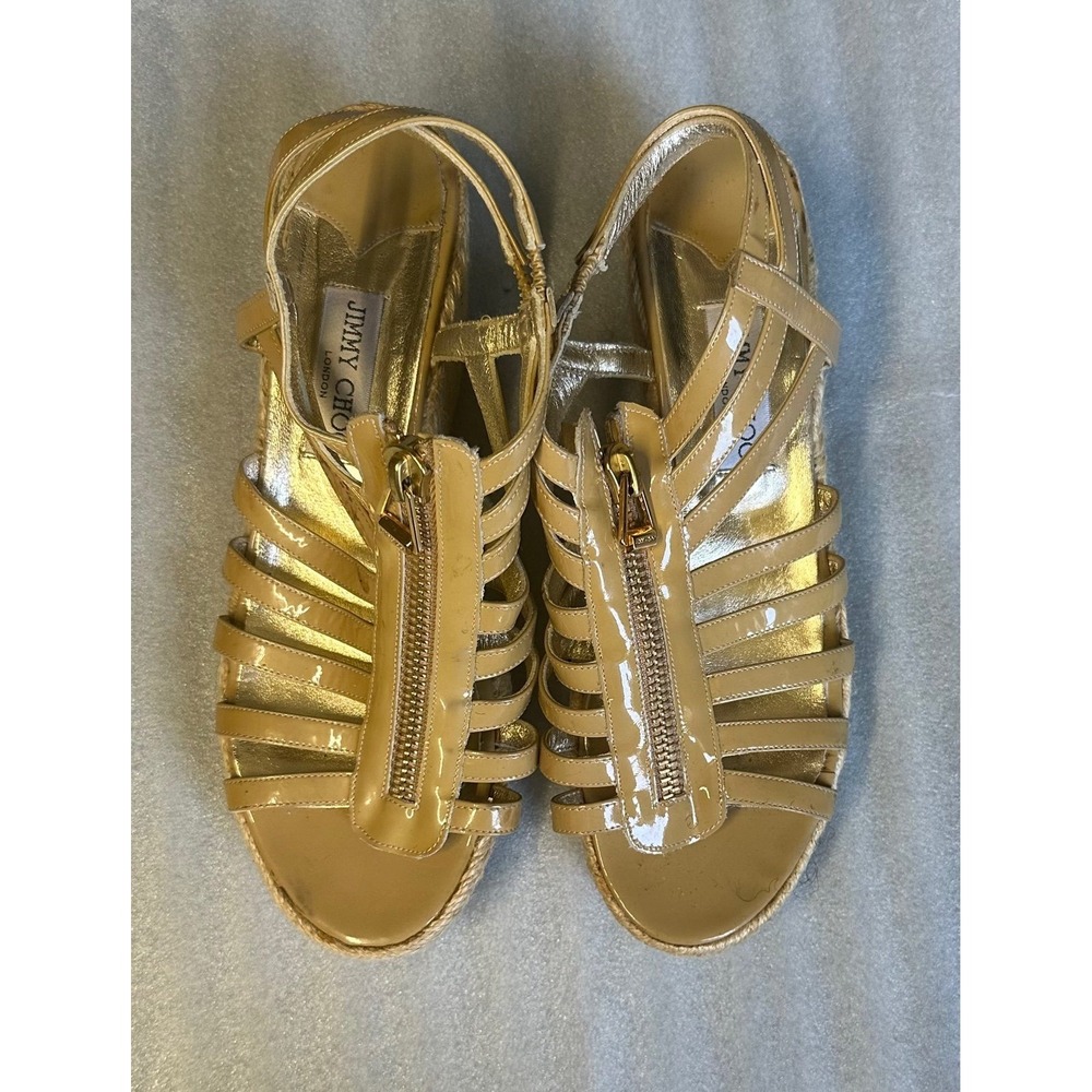 JIMMY CHOO PALERMO ZIP ESPADRILLE WEDGE SANDALS NUDE PATENT LEATHER SIZE 41‎